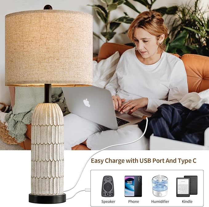 OYEARS 26.5" Bedside Table Lamps Set of 2, Farmhouse Table Lamp with USB A+C Charging Ports,Vintage Nightstand Lamp for Bedrooms and Living Rooms, Retro Resin End Table Lamp with Linen Shade,Black