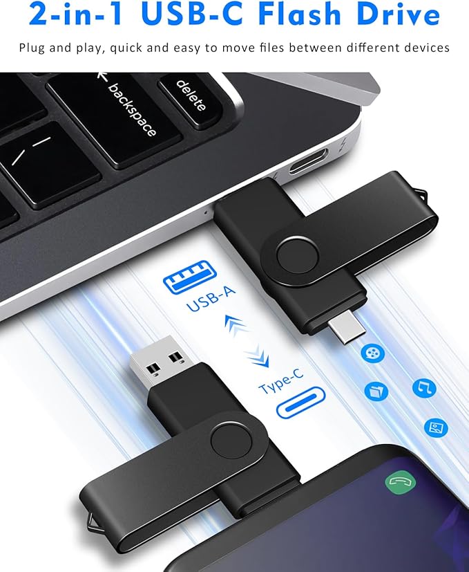 AreTop 64GB USB C Thumb Drive Dual USB 3.0 Flash Drive 64GB USB Drive Swivel Design 2-in-1 Portable Type-C Memory Stick for Android Smartphone, Computers, MacBook, Tablets, PC, 1 Pack, Black