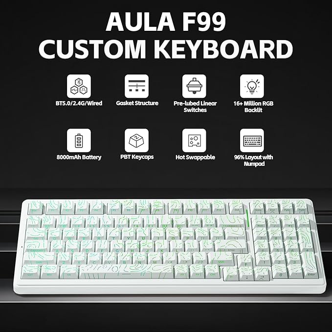 LEOBOG Aula Keyboard, F99 Wireless Mechanical Gaming Keyboards, Hot Swappable Custom Creamy RGB Backlit Computer Keyboard,BT5.0/2.4GHz/USB-C,Topographic Side-Printed Keycaps, Switch