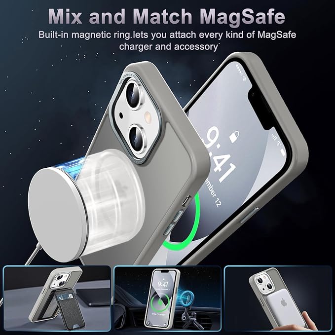 Newfuture Designed for iPhone 13 Case & iPhone 14 Case with Magnetic [13 FT Military Drop Protection] [Compatible with Magsafe] Translucent Shockproof with Anti-Fingerprint Phone Case, Titanium Gray