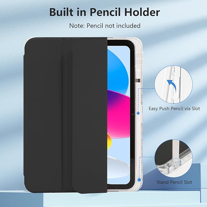 Case for iPad A16 11th Generation 11 Inch 2025, iPad 10th Generation 10.9 Inch 2022, Hybrid Protective Cover with Pencil Holder, Clear Transparent Back Shell Anti-Yellowing Case, Black