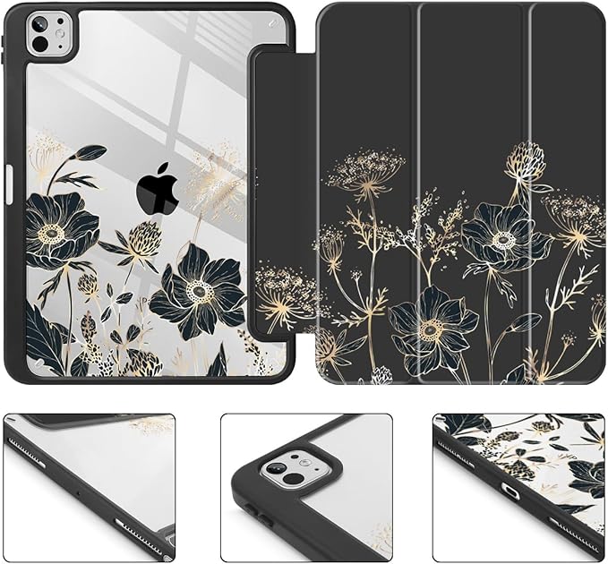 May Chen for iPad Pro 13 Inch Case M5 2025 / M4 2024, Built Pencil Holder & Clear Transparent Print Back Shell Slim Stand Shockproof Tablet Cover, Auto Wake/Sleep, Abstract Floral