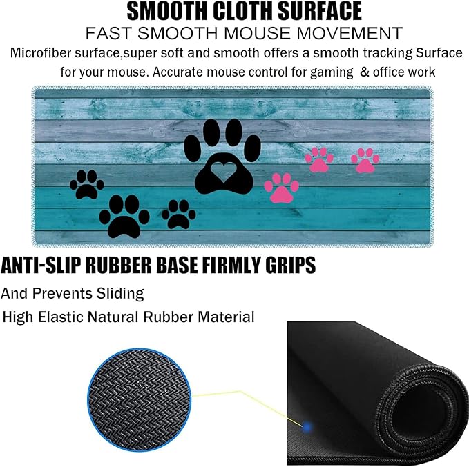3 Piece Mouse Pad Set with Stitched Edge Large Anti-Slip Mouse Pad Desk Pad Keyboard Pad + Wrist Rest Pad + Coaster, Memory Foam Wrist Rest for Office/Home - Black and Pink Dog Paw Prints