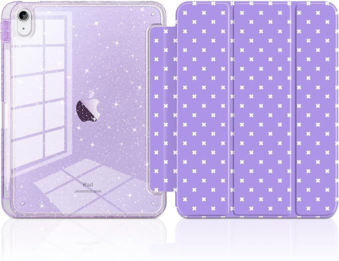 DONGKE for iPad Pro 11 inch Case – Fits M5 2025 / M4 2024, Shockproof Sparkling Glitter Acrylic Back, Pencil Holder, Trifold Stand, Auto Sleep/Wake & Touch ID Support - Purple Cross Dot