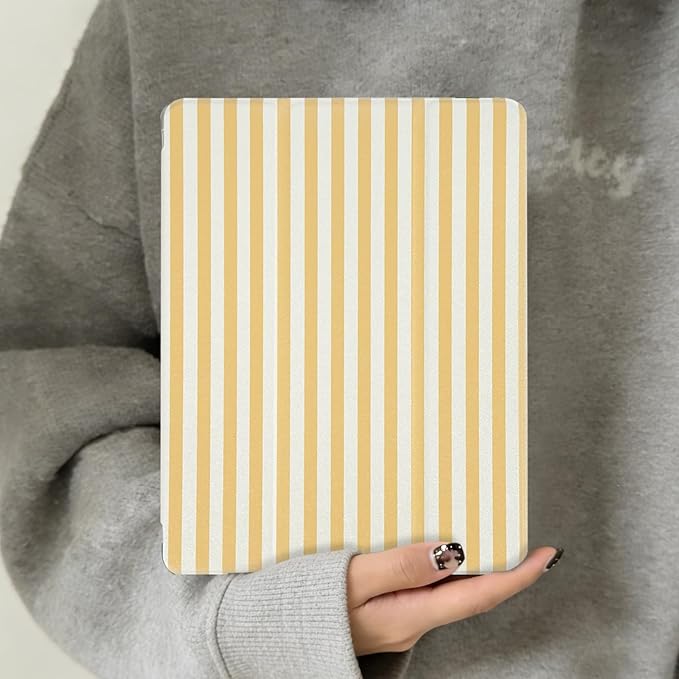 Lovmooful Compatible for iPad 5/6 (9.7-Inch,2018/2017 Model,6th/5th Generation) Case with Pencil Holder Cute Striped with Aesthetic Design Soft TPU Trifold Stand Protective-Yellow