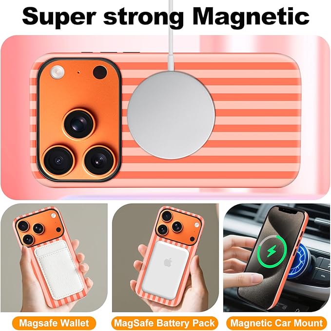 Magnetic for iPhone 17 Pro Case Cute Stripes Phone Case, Shockproof Slim TPU and Hard PC Protective Phone Cover Compatible with MagSafe Designed for Women Girls, Deep Orange