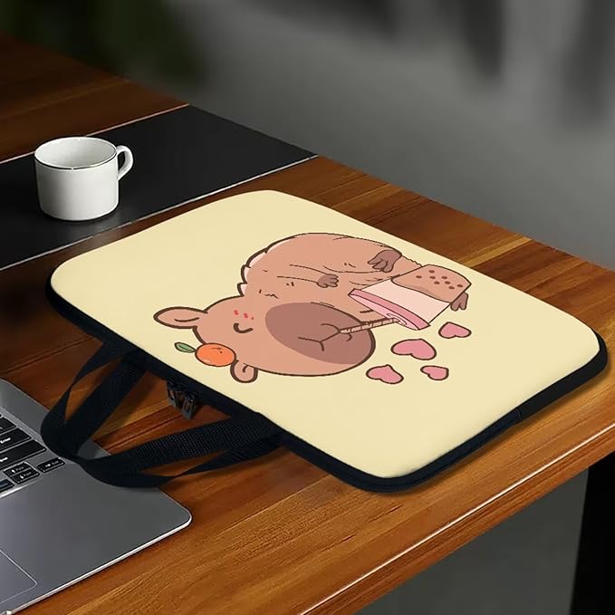 12 Inch Capybara Bubble Tea Laptop Sleeve, Protective Tablet Case with Handle, Water Resistant Zipper Computer Bag Carrying Case Notebook Cover Messenger Briefcase for Women