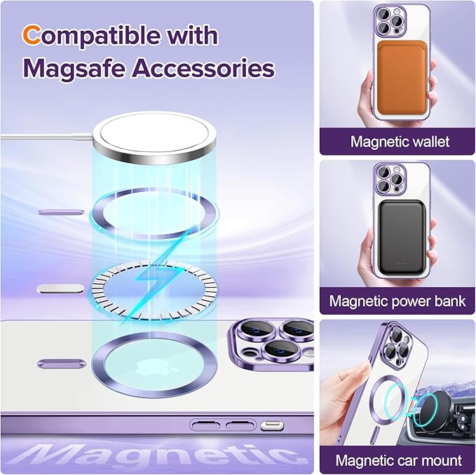 Hython Magnetic Clear for iPhone 13 Pro Max Case with Camera Lens Protector [Compatible with MagSafe] Plating Edge Slim Soft TPU Cover Protective Phone Case for iPhone 13 Pro Max 6.7", Light Purple