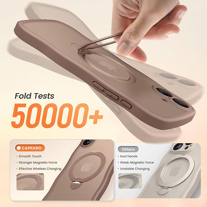 CAPRARO for iPhone 16 Plus Case with 360° Spin Magnetic Stand for Women, [Compatible with MagSafe] [Full Camera Protection] Cute Wave Translucent Matte Case for iPhone 16 Plus, Brown