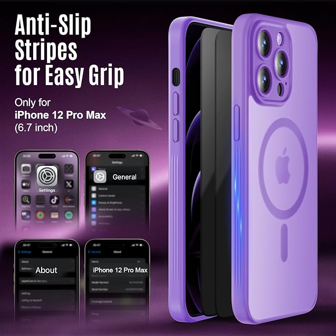 Symcele Designed for iPhone 12 Pro Max Case, Compatible with MagSafe, with Privacy Screen Protectors X2, [Camera Protection] [15FT Military Drop Protection] Shockproof Phone Case, 6.7", Light Purple