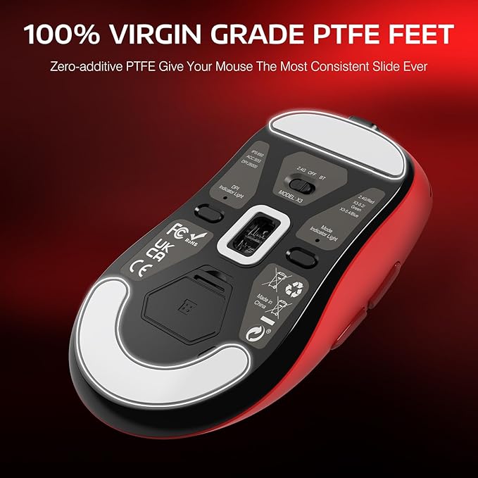 ATTACK SHARK X3 Wireless Gaming Mouse, 49g Ergonomic Computer Mouse, Triple Modes PAW3395 26K DPI Optical Sensor, 200h Battery Life, Programmable Buttons, Gaming Accessories for PC/Laptop/Mac (Red)