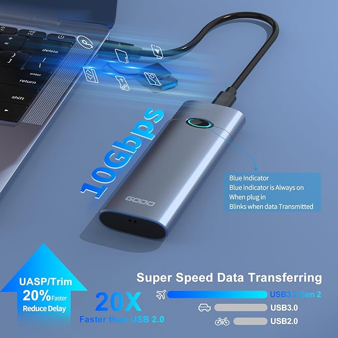 GODO M.2 NVMe Hard Drive Enclosure Adapter Type C USB 3.2 Gen 2 (10 Gbps) to NVME PCI-E M-Key/(B+M) Key Support UASP Trim for SSDs 2280/2260/2242/2230 Tool Free Aluminum