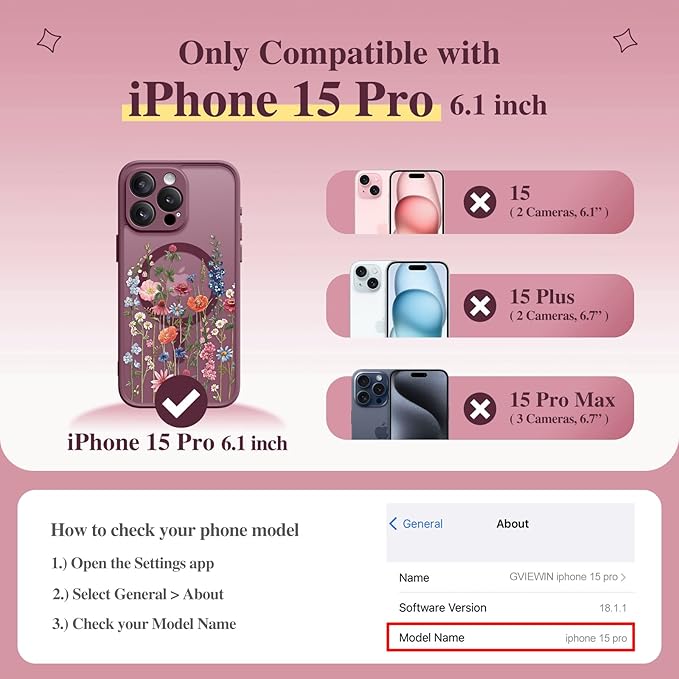 GVIEWIN for iPhone 15 Pro Case Compatible with MagSafe, [Military Grade Protection] [Screen Protector] Full Camera Protection Floral Translucent Women Magnetic Phone Case, Wild Petals/Red