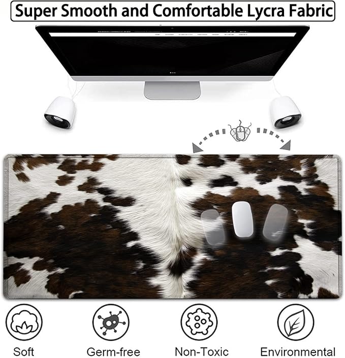 Large Gaming Mouse Pad, 31.5x11.8 in Extended Computer Mouse Mat with Non-Slip PU Base, Ergonomic Memory Foam Keyboard Wrist Rest, for Work & Gaming, Brown and White Cow Hair Office Desk Pad