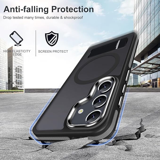 MALEWOLF Case for Galaxy S23 FE with 3 Modes Stand, Compatible with Magsafe, Color Collision Shockproof Cover with Anti-Slip Strip, Matte Translucent Magnetic Case for Galaxy S23 FE (Black/Grey)