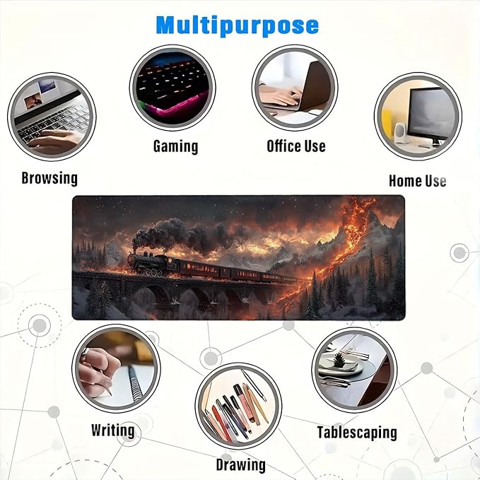 Train Mouse Pad Large Snow Mountain Lava Flow Ancient Bridge Large Mousepad Extended Laptop Keyboard Mat Gaming Desk Pad Mouse Mat Compatible with Computer, Laptop, and Keyboard 31.5x11.8 Inch