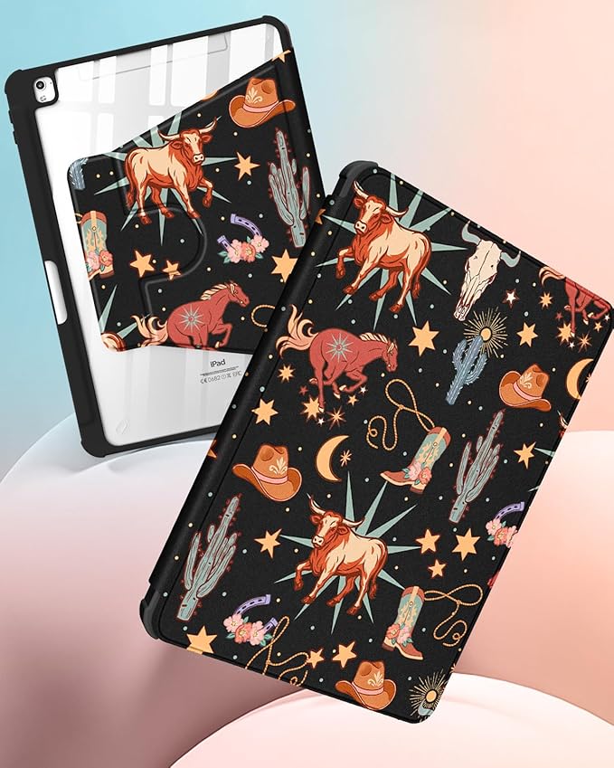 Uppuppy for iPad 9th/8th/7th Generation Case for iPad Air 3rd/ Pro 10.5” Case - 360 Rotating Stand Folio Smart Cover with Pencil Holder for Women, Western Cowboy for Apple Tablet 7/8/9 Gen 10.2 inch