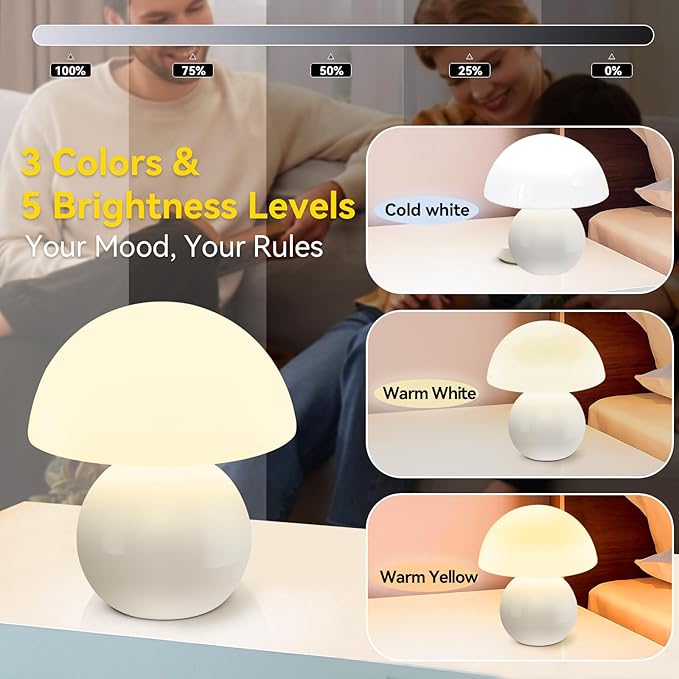 Remote Control Mushroom Lamp with Timer – 3-Color Dimmable Bedside Light, Ceramic Base & Glass Shade, Modern Decorative Night Lamp for Bedroom, Living Room, and Home Office (Pearl White)