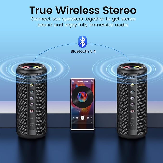 Portable Bluetooth Speaker, 2026 Bluetooth 5.4 Wireless Speaker with 20W HD Loud Stereo Sound, 20H Playtime, LED Lights, IP7, TWS Pairing, Built-in Mic, for Outdoor, Home, Beach, Party, Gift