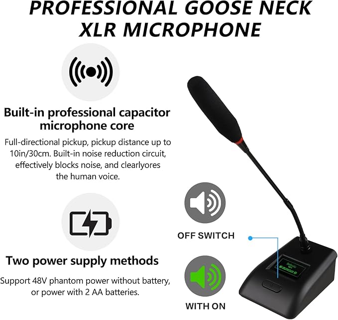 Desktop Gooseneck Conference Microphone Wired with 48V Phantom. Table Mounted Corded Condenser XLR Microphone with 26ft XLR Male to Female Cable and 6.35mm Adapter Cable for Speake, Studio, Recording