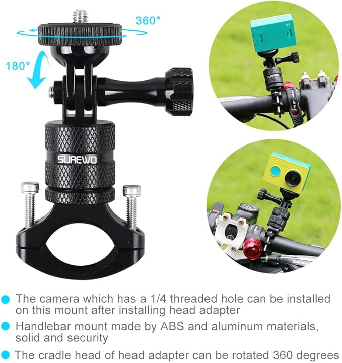 Bike Mount for Action Cameras, Aluminum Handlebar Mount Compatible with GoPro Hero 13/12/11/10/9/8/7/6/5 Black, GoPro Max, DJI Osmo Action 5/4/3/2, Crosstour and More