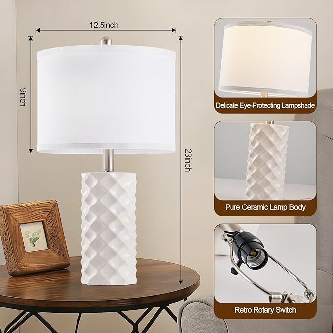 Gentle Beige & Star Diamond Ceramic Table Lamps (Set of 2) - 23" Luxe Modern Bedside Lamps for Nightstand,bedrooms, Living Rooms, or entryways & Rotary Switch,No Bulbs