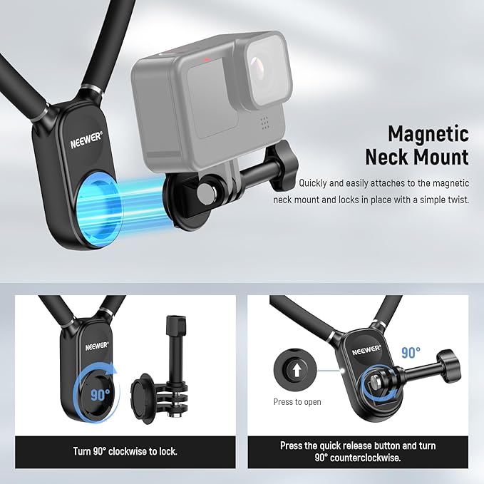 NEEWER Magnetic Neck Mount Compatible with GoPro Hero 13 12 11 MAX DJI Action 4 Insta360 iPhone 15 Pro Max Samsung S23, Quick Release Flexible POV Action Camera Neck Mount Adapter & Phone Holder, GP15