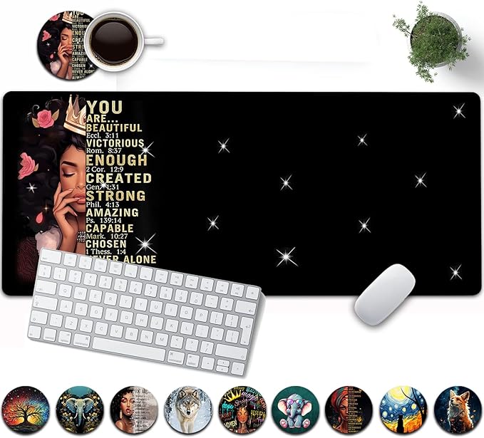 Large Mouse Pad, 31.5 x 11.8in Extended Gaming Mouse Pad with Stitched Edges,XXL Mousepad Protector Non Slip Rubber Base for Office Home Writing Mat,African American Women Black Girl,Black Desk Mat
