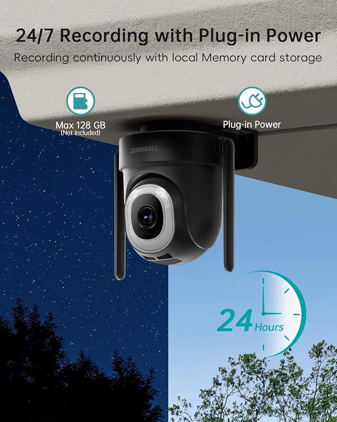ZUMIMALL 2K Wired Outdoor Camera, 2.4G/5G WiFi Security Camera, 3MP, 24/7 Recording, AI Motion Detection, Cloud & SD Card Storage, 2-Way Audio, 360° PTZ Auto Tracking, Work with Alexa, IP66 (Black)