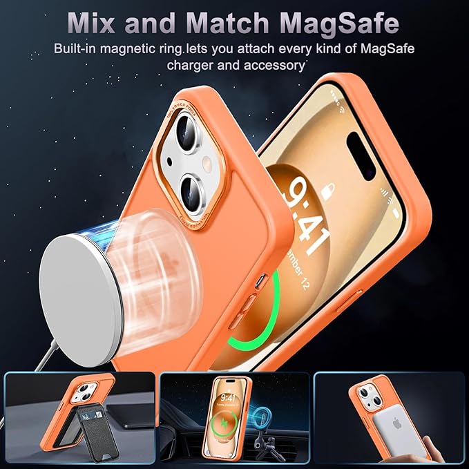 Newfuture Magnetic for iPhone 15 Case [Compatible with Magsafe] [Military Grade Drop Protection] Translucent Matte Anti-Fingerprint Shockproof Phone Case for iPhone 15 6.1 inch, Orange