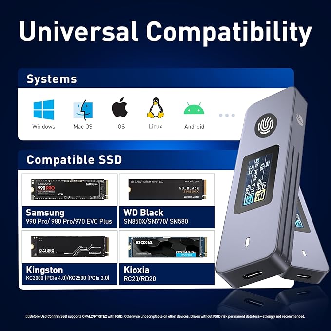 VCOM Fingerprint Encryption SSD Enclosure with LCD Screen, 10Gbps USB 3.2 Gen2 Hard Drive Case, Support M.2 NVMe & SATA SSD, Hardware Encrypted External Drive for Mac and Windows PC