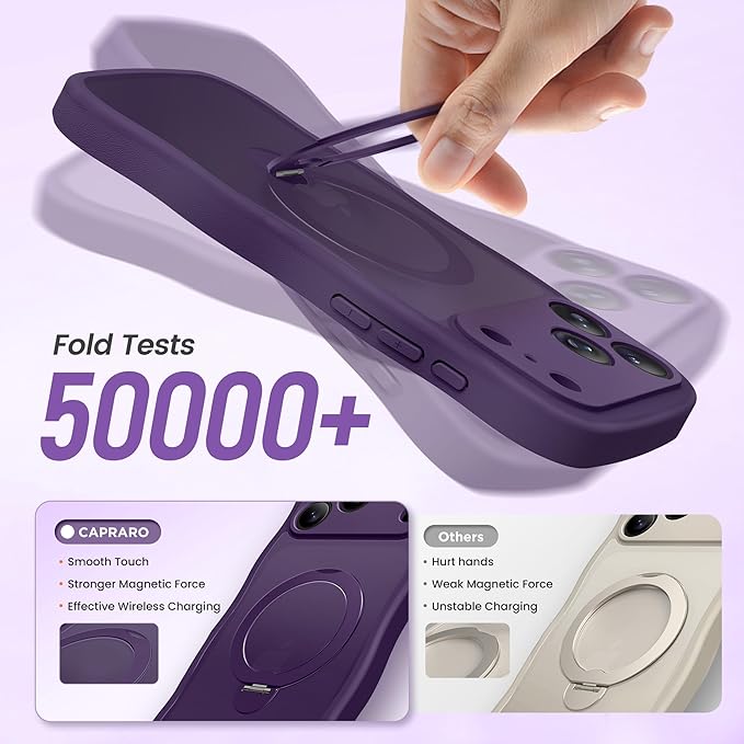 CAPRARO for iPhone 17 Pro Max Case with 360° Spin Magnetic Stand for Women, [Compatible with MagSafe] [Full Camera Protection] Cute Wave Translucent Matte Case for iPhone 17 Pro Max, Deep Purple