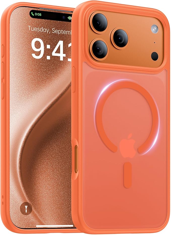Magnetic for iPhone 17 Pro Case,[Anti-Slip][Compatible with MagSafe][Military Grade Drop Protection] Shockproof Protective Translucent Matte Phone Case for iPhone 17 Pro Case,Orange