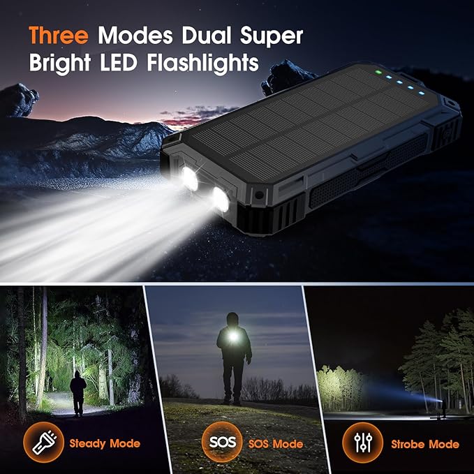 Solar Power Bank,49800mAh Wireless Portable Phone Charger with 4 Built-in Cables,22.5W Fast Charging External Battery Pack PD 3.0 USB-C In/Output for iPhone,Android,iPad,Perfect for Camping/Hiking