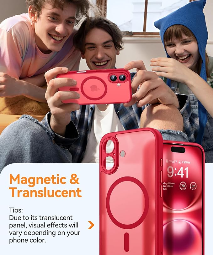 CANSHN Magnetic for iPhone 16 Plus Case, Upgraded [Full Camera Protection] [Compatible with Magsafe] [Translucent Matte] Shockproof Protective Phone Case for iPhone 16 Plus - Red
