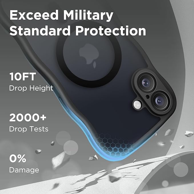 CAPRARO for iPhone 16 Case for Women Girls, Upgraded [Full Camera Protection] [Compatible with MagSafe] Cute Wave Translucent Matte Phone Case for iPhone 16, Black