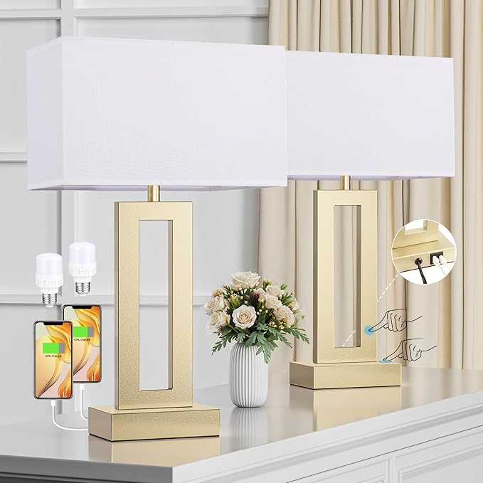 Seealle Nightstand Table Lamps for Bedrooms Set of 2 - Touch Bedside Lamp with USB C+A, 3 Way Dimmable Living Room Lamps for End Tables Set of 2(White&Gold)