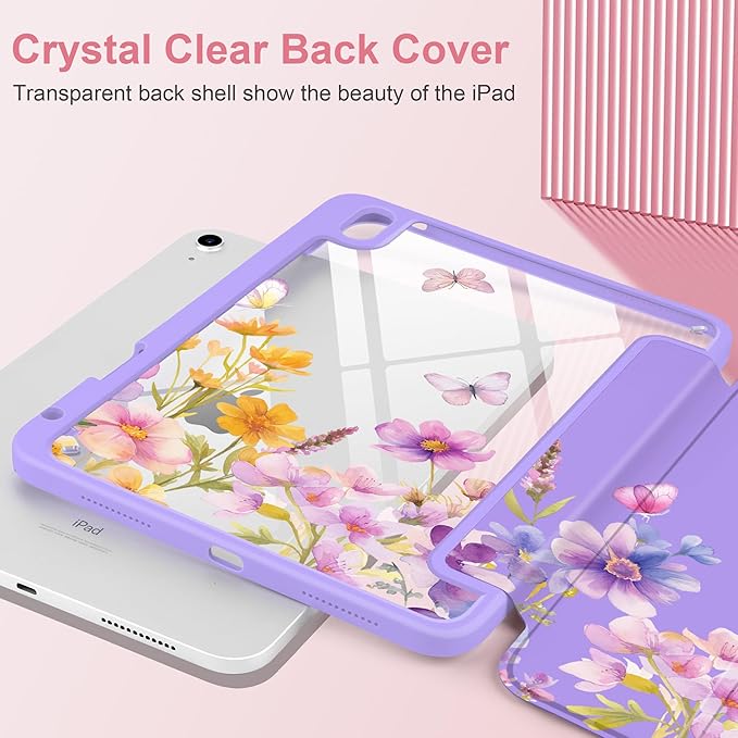 Case for iPad Air 13 inch 2026 M4 2025 M3 2024 M2 Release Slim Lightweight Shockproof Cute Violet Cover with Clear Back TPU Edge Pencil Holder Trifold Stand Auto Wake Sleep, Watercolor Flower