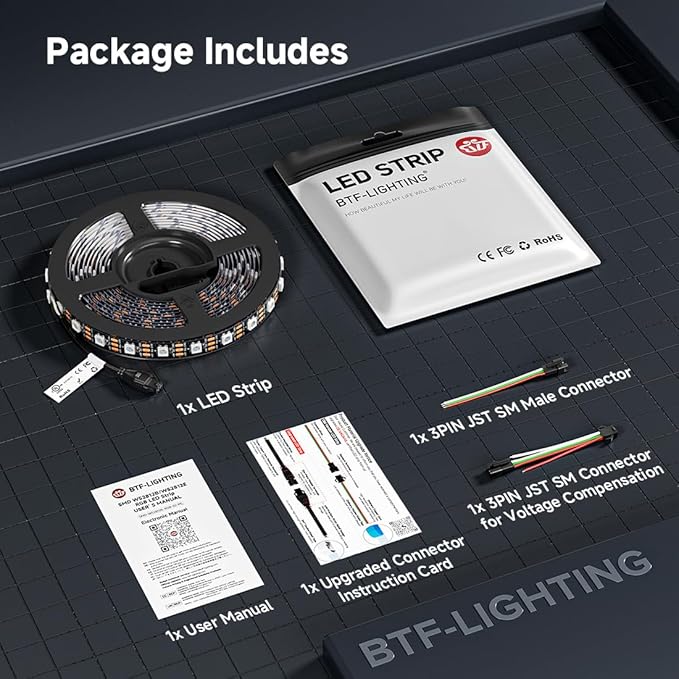 BTF-LIGHTING WS2812B IC RGB LED Strip,UL Listed,Pure Gold Wires,DC5V 16.4FT 300LED 5050SMD,Individually Addressable,Flexible for DIY Chasing Full Color Project,3M Tape,IP65(No Adapter or Controller)