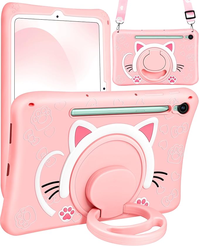 Wazzasoft for Galaxy Tab S10 FE/S9 FE Case 10.9 Inch - Girls Cute Cat Kitten 3D Cartoon Women Soft Silicone Tablet Cover for Samsung Galaxy S9 FE with Rotating Stand & Strap Funda para Tab S10 FE 5G