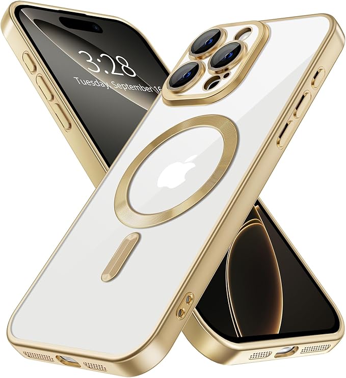 Hython Magnetic Clear for iPhone 16 Pro Max Case with Camera Lens Protector [Compatible with MagSafe] Plating Edge Slim Soft TPU Cover Protective Phone Case for iPhone 16 Pro Max 6.9", Matte Gold