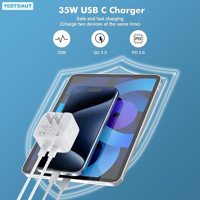USB C Charger Block, 35W Dual USB-C Port Compact Power Adapter for Phone 17/16/15/14/13/15 Pro/Pro Max/Plus/XS/XR/X,Galaxy, Pixel,i Pad, AirPods, MacBook Air and More