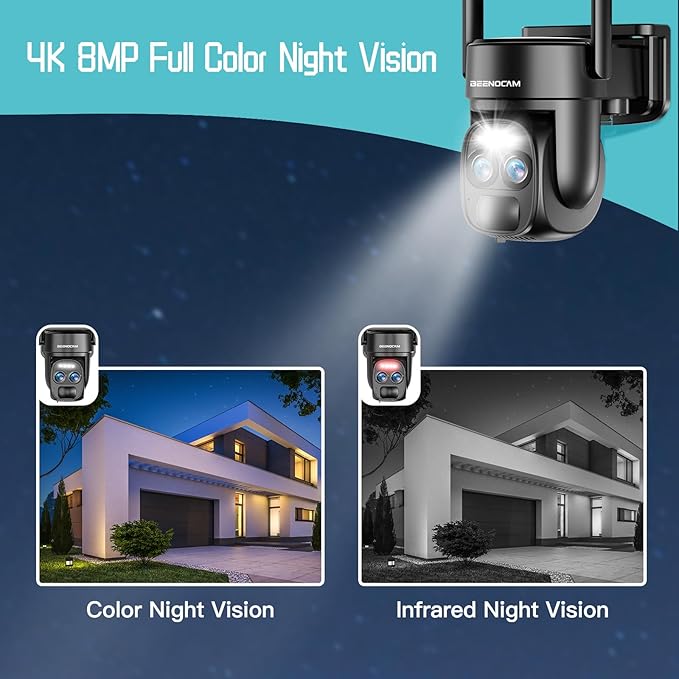 4K Dual Lens Solar Security Cameras Wireless Outdoor, 2.4G/5Ghz WiFi 6 Security Camera, 355° Pan/Tilt Home Security Camera with 8MP Color Night Vision, PIR Motion Detection, Auto Tracking, Alexa