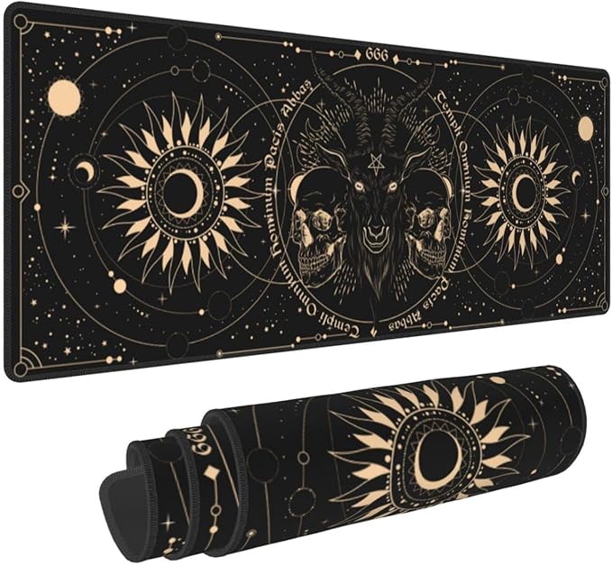 Sun and Moon Gothic Skull Goat Mouse Pad Extended Large Gaming Mouse Pad XL Oversized Desk Pad Stitched Edges 31.5 X 11.8 Inch
