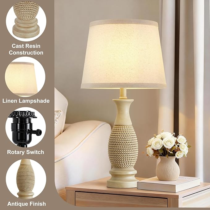 EJIAXIN Table Lamps Set of 2-21.6" Resin Farmhouse Bedside Lamps for Bedroom Living Room, Rustic Nightstand Bedroom Lamp with Rotary Switch for Night Stand End Table