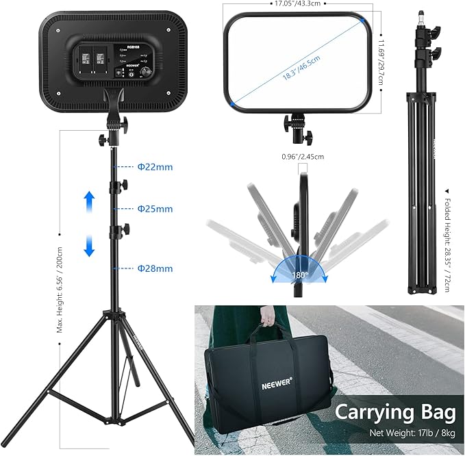 NEEWER RGB168 18.3" RGB LED Video Panel Light with App Control, Bluetooth, 2 Pack Tripod Stand Kit, 60W/360° Full Color/2500-8500K/CRI97+, Studio Photography/YouTube/Game Streaming