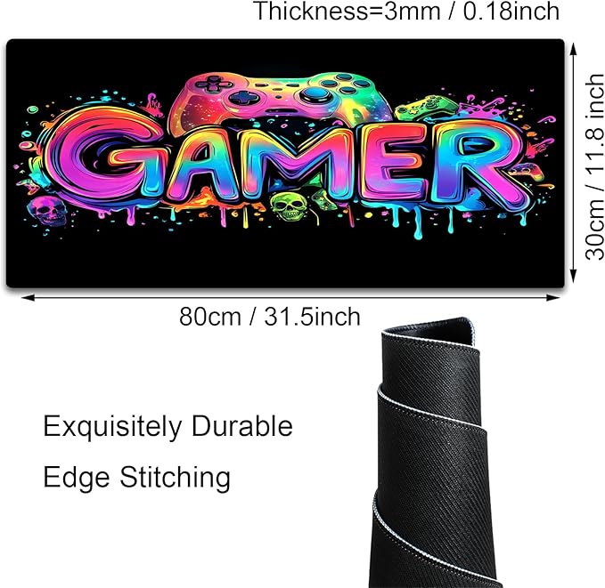 Gamer Gaming Mouse Pad, Blacklight Game Controller Horror Skull Waterproof Large Mouse Mat, 31.5" x 11.8" Skeleton Glowing Extended Non-Slip Rubber Base, Office & Home Keyboard Pad