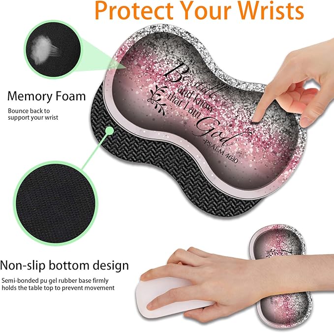 Durable Desk Mat + Wrist Rest Pad + Coasters Set, Large Gaming Office Mouse Pad 31.5 "x 11.8", Extended Non-Slip Rubber Keyboard Pad, Laptop & Home, Pink Flash Bible Pattern