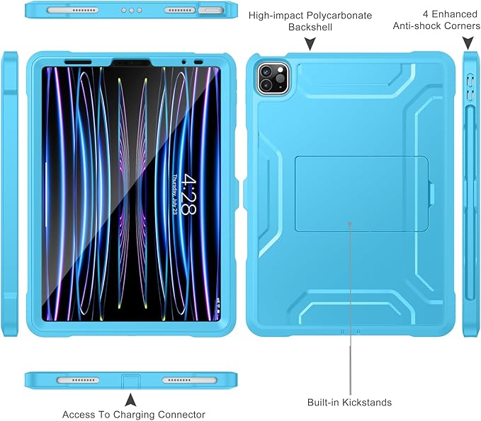 Soke Case for iPad Pro 11 Inch 2022/2021/2020/2018/iPad Air 5th/4th Generation,Built-in Screen Protector - Support 2nd Apple Pencil Charging - Heavy Duty Rugged Protective Kickstand Case - Blue