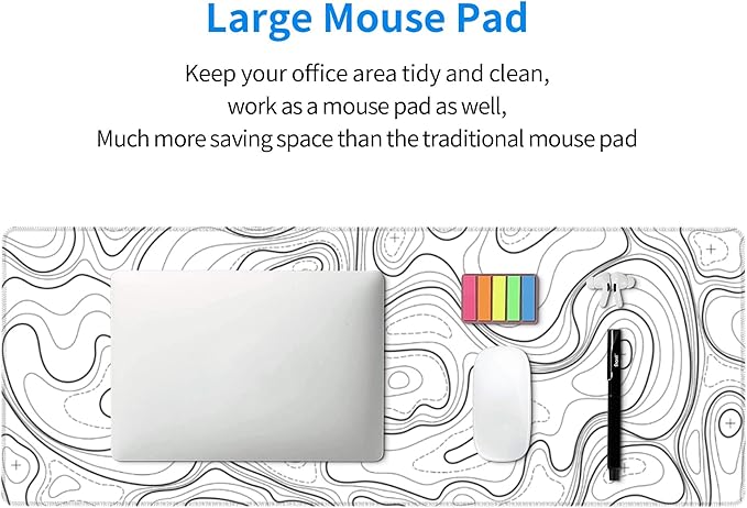 White Topographic Contour XL Gaming Mouse Pad Extended Long Large Mousepad with Stitched Edges Laptop Desk Pad Computer Keyboard PC Mouse Mat Nonslip Rubber Base for Company Office Gamer